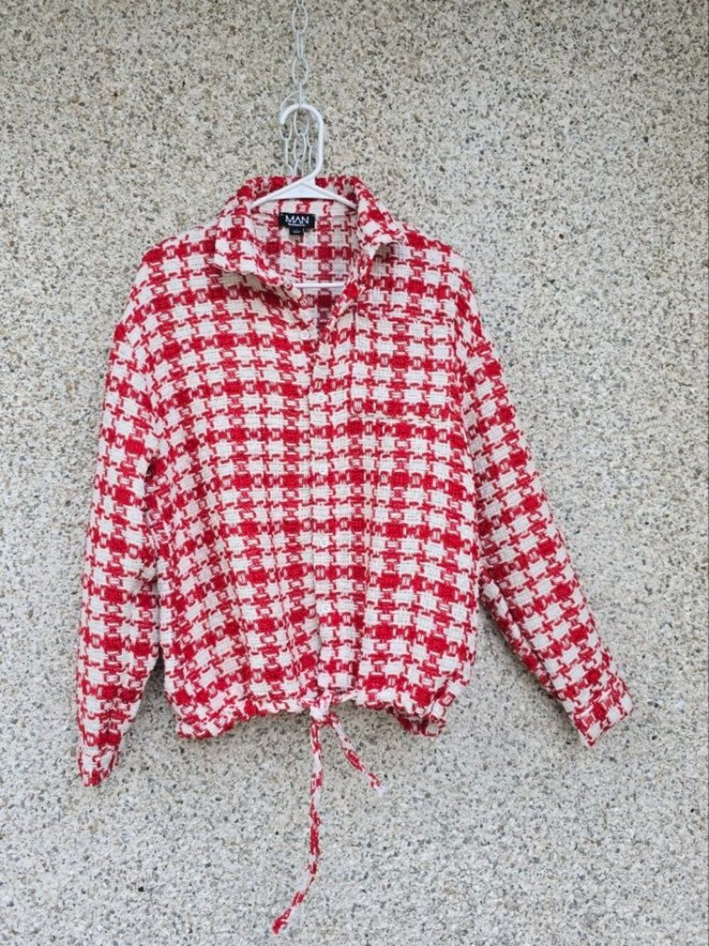 boohooMAN Red Tweed Button-Up Jacket / Bungee Hem
